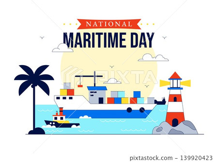 World Maritime Day Vector Illustration Featuring Lighthouse, Cargo Ship, Ocean Transport, Harbor Navigation and Marine Industry Design 139920423
