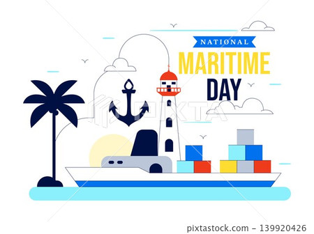 World Maritime Day Vector Illustration Featuring Lighthouse, Cargo Ship, Ocean Transport, Harbor Navigation and Marine Industry Design 139920426