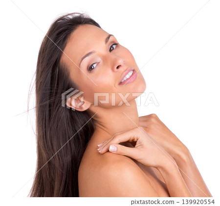 Beauty, hair and smile with portrait of woman in studio isolated on white background for wellness. Face, skincare or makeup aesthetic and happy young person looking satisfied with dermatology Beauty, hair and smile with portrait of woman in studio isolated on white background for wellness. Face, skincare or makeup aesthetic and happy young person looking satisfied with dermatology 139920554