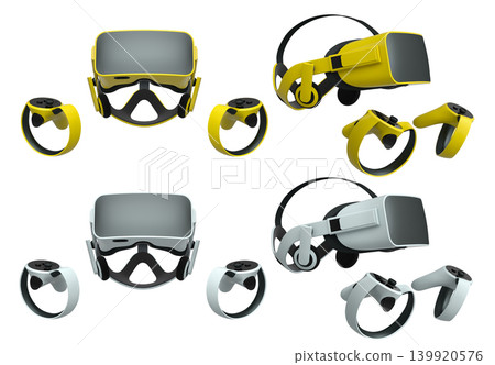 Virtual reality glasses and headset with controllers isolated on white background with clipping path Virtual reality glasses and headset with controllers isolated on white background with clipping path 139920576