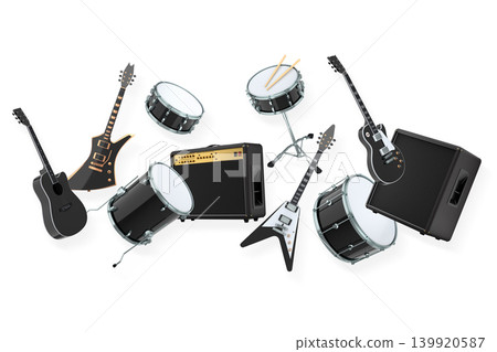 Set of electric acoustic guitars and drums with cymbals on white background Set of electric acoustic guitars and drums with cymbals on white background 139920587