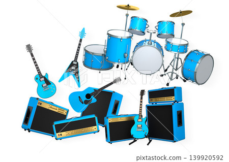 Set of electric acoustic guitars and drums with cymbals on white background Set of electric acoustic guitars and drums with cymbals on white background 139920592