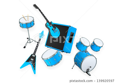 Set of electric acoustic guitars and drums with cymbals on white background 139920597