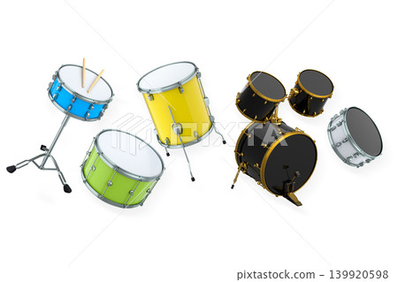 Set of drums and drumset with metal cymbals on white background Set of drums and drumset with metal cymbals on white background 139920598
