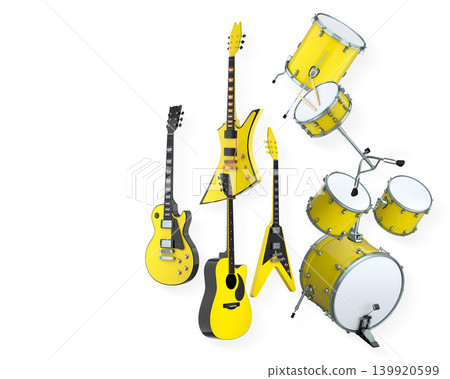 Set of electric acoustic guitars and drums with cymbals on white background Set of electric acoustic guitars and drums with cymbals on white background 139920599