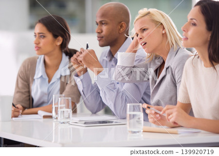 Meeting, presentation and audience of confused business people for teamwork, collaboration and discussion. Corporate, company and men and women for feedback, thinking and problem solving in office Meeting, presentation and audience of confused business people for teamwork, collaboration and discussion. Corporate, company and men and women for feedback, thinking and problem solving in office 139920719