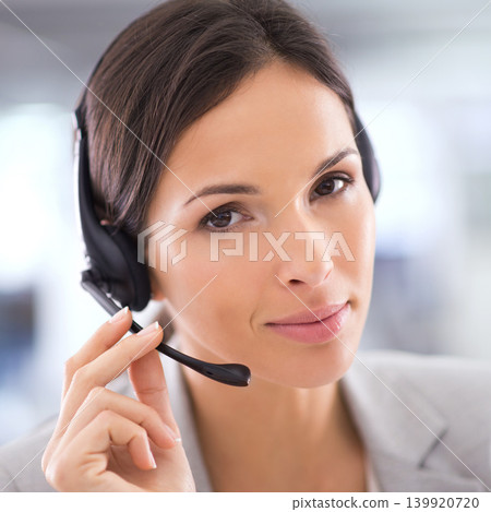 Call center, woman and portrait for telemarketing and communication with headset, microphone and contact us. Customer support, employee and face with consulting, help desk and advisor in workplace Call center, woman and portrait for telemarketing and communication with headset, microphone and contact us. Customer support, employee and face with consulting, help desk and advisor in workplace 139920720