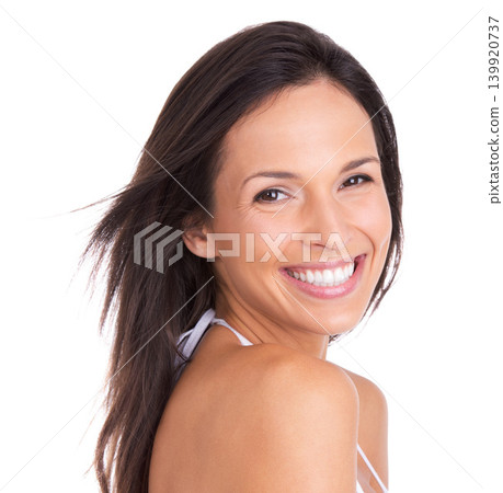 Portrait, beauty and smile with natural woman in studio isolated on white background for wellness. Face, skincare or makeup and happy, aesthetic young person looking satisfied with dermatology Portrait, beauty and smile with natural woman in studio isolated on white background for wellness. Face, skincare or makeup and happy, aesthetic young person looking satisfied with dermatology 139920737