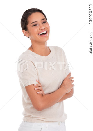 Happy, portrait and woman laughing with arms crossed in studio with funny, joke or silly humor on white background. Face, smile and female model remember goofy memory, comic or friendly personality Happy, portrait and woman laughing with arms crossed in studio with funny, joke or silly humor on white background. Face, smile and female model remember goofy memory, comic or friendly personality 139920766