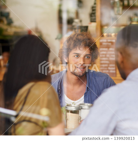 Conversation, window and friends in restaurant together for bonding, social gathering and lunch. Coffee shop, brunch and group of people relax in cafe for casual chat, drinks and happy discussion. Conversation, window and friends in restaurant together for bonding, social gathering and lunch. Coffee shop, brunch and group of people relax in cafe for casual chat, drinks and happy discussion. 139920813