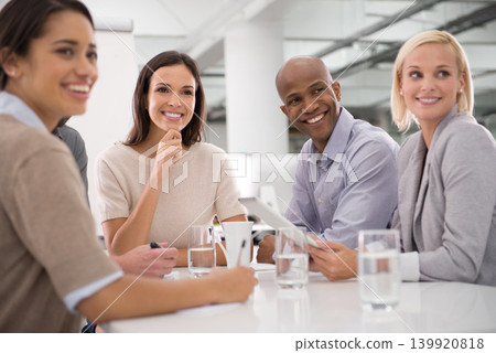 Corporate, office and business people with tablet in meeting, discussion and conversation for planning. Professional, company and men and women with tech for collaboration, presentation and workshop 139920818