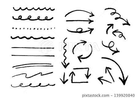 Hand-drawn arrow and line rough sketch decoration set: Includes brush-style wavy lines, underlines, and circular arrows. Hand-drawn arrow and line rough sketch decoration set: Includes brush-style wavy lines, underlines, and circular arrows. 139920840