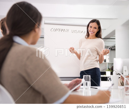 Businesswoman, presentation and boardroom meeting with project planning or company vision, growth or strategy. Female person, colleagues and notes or brainstorming for proposal, future or startup Businesswoman, presentation and boardroom meeting with project planning or company vision, growth or strategy. Female person, colleagues and notes or brainstorming for proposal, future or startup 139920851