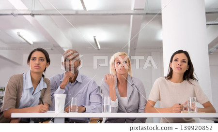 Thinking, presentation and audience of business people in office for teamwork, collaboration and discussion. Corporate, company and men and women listen in meeting for feedback, review and report Thinking, presentation and audience of business people in office for teamwork, collaboration and discussion. Corporate, company and men and women listen in meeting for feedback, review and report 139920852