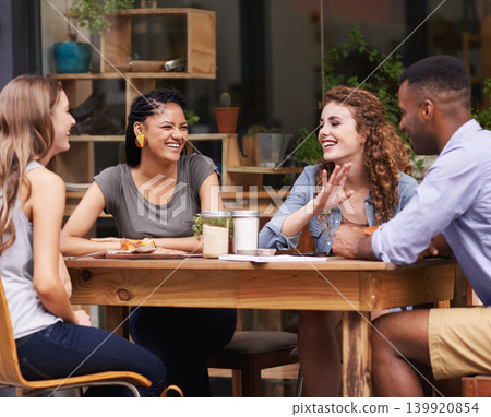 Friends, relax with people at cafe and conversation for bonding, diversity and trust outdoor in San Francisco. Support, loyalty and friendship date in coffee shop for social gathering or reunion 139920854