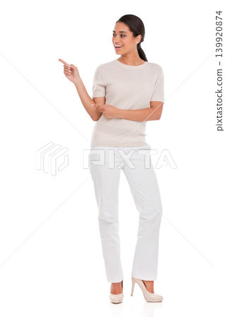 Happy, woman and hand pointing to mockup in studio for announcement news, presentation or info on white background. Face, smile and female model show space for steps, menu or giveaway guide promo Happy, woman and hand pointing to mockup in studio for announcement news, presentation or info on white background. Face, smile and female model show space for steps, menu or giveaway guide promo 139920874