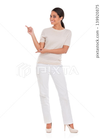 Portrait, happy woman and hand pointing to mockup in studio for announcement, presentation or info on white background. Face, smile and female model show space for steps, menu or giveaway guide promo Portrait, happy woman and hand pointing to mockup in studio for announcement, presentation or info on white background. Face, smile and female model show space for steps, menu or giveaway guide promo 139920875