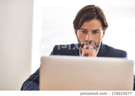 Reading, research and businessman thinking on laptop with report on investment in stocks. Investor, planning and online decision on computer or review email, communication or project on website Reading, research and businessman thinking on laptop with report on investment in stocks. Investor, planning and online decision on computer or review email, communication or project on website 139920877