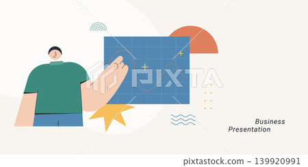 Flat design of a confident character pointing at a wave graph on a board with geometric shapes, symbolizing business presentation and data analysis, ideal for corporate and analytics content. 139920991