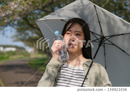 在強烈的陽光下,一名女子撐著陽傘,用塑膠瓶降溫臉部。 在強烈的陽光下,一名女子撐著陽傘,用塑膠瓶降溫臉部。 139921036