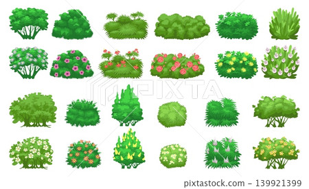 Green garden shrubs. Both flowering or non flowering. Ornamental summer plants. Cartoon style park woods. Living natural hedges. Shrubbery tree. Botanical landscape elements vector set 139921399