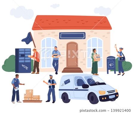 Post office operations. Sending letters and parcel boxes. People receiving goods by mail. Delivery service. Mailman work. Correspondence shipment. Courier in uniform. Vector scenes set 139921400