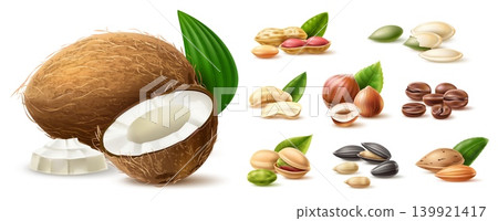 Realistic images of nuts and seeds. Natural dried snacks with leaves. Healthy foods. Plant based foods. Coffee beans. Coconut whole and piece. Almonds and cashews. Vector objects set Realistic images of nuts and seeds. Natural dried snacks with leaves. Healthy foods. Plant based foods. Coffee beans. Coconut whole and piece. Almonds and cashews. Vector objects set 139921417