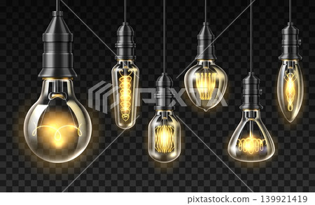 Realistic loft style lightbulbs. 3D models of glowing Edison bulbs. Vintage steampunk designs. Various filament patterns and lamp shapes. Hanging on wire. Room illumination vector set Realistic loft style lightbulbs. 3D models of glowing Edison bulbs. Vintage steampunk designs. Various filament patterns and lamp shapes. Hanging on wire. Room illumination vector set 139921419