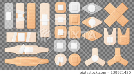 Realistic medical plasters. Various shapes and colors of adhesive bandages. Antibacterial 3D wound stickers. Insulated waterproof strips. Sticky perforated pharmaceutical bands vector set Realistic medical plasters. Various shapes and colors of adhesive bandages. Antibacterial 3D wound stickers. Insulated waterproof strips. Sticky perforated pharmaceutical bands vector set 139921420