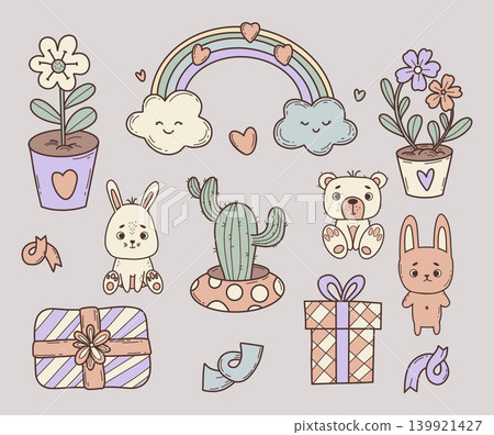 Cute Animal and and Holiday Gifts Doodle Set. Funny Teddy Bear and Toy Bunny, Houseplants in Pots, Flowers and Cactus, festive Present Boxes and Rainbow. Isolated color Hand Drawn. Vector Illustration Cute Animal and and Holiday Gifts Doodle Set. Funny Teddy Bear and Toy Bunny, Houseplants in Pots, Flowers and Cactus, festive Present Boxes and Rainbow. Isolated color Hand Drawn. Vector Illustration 139921427