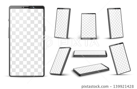 Realistic mobile phone mockup. Smartphone template shown from various angles with transparent background and display. Cellular telephone. Tablet touchscreen. Digital devices vector set 139921428