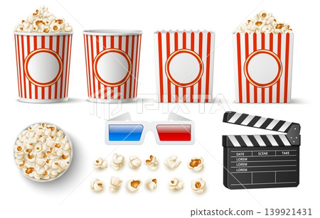 Realistic movie watching elements. Popcorn bucket. 3D glasses. Cinema snack box top and side view. Cinematography popper. Roasted corn grains. Stereoscopic eyewear. Vector objects set Realistic movie watching elements. Popcorn bucket. 3D glasses. Cinema snack box top and side view. Cinematography popper. Roasted corn grains. Stereoscopic eyewear. Vector objects set 139921431