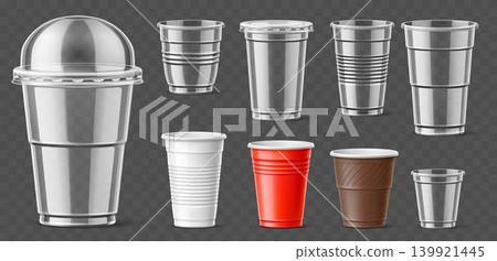 Realistic plastic cups. Transparent insulated containers for beverages and various types of smoothies. Cocktail 3D tableware. Disposable glass. Vector mockups set of mugs for cold drinks Realistic plastic cups. Transparent insulated containers for beverages and various types of smoothies. Cocktail 3D tableware. Disposable glass. Vector mockups set of mugs for cold drinks 139921445