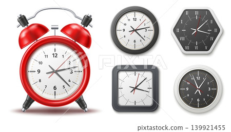 Realistic wall clocks with alarms. 3D watch featuring dials in various shapes. Square, round and polygonal frames of office timepieces. Time measurement. Vector isolated timers set Realistic wall clocks with alarms. 3D watch featuring dials in various shapes. Square, round and polygonal frames of office timepieces. Time measurement. Vector isolated timers set 139921455
