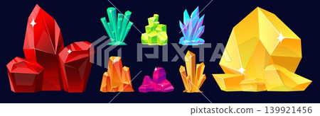 Sparkling crystals and precious stones. Magical shiny stalactites. Brilliant quartz. Jewel gemstones. Glossy crystalline. Geological shapes. Vector set of colorful natural minerals Sparkling crystals and precious stones. Magical shiny stalactites. Brilliant quartz. Jewel gemstones. Glossy crystalline. Geological shapes. Vector set of colorful natural minerals 139921456