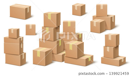 Stack of cardboard boxes. Realistic group of paper containers. Packaging after delivery. Shipping crates. Closed with adhesive tape. Warehouse storage. Large pile of packages vector set Stack of cardboard boxes. Realistic group of paper containers. Packaging after delivery. Shipping crates. Closed with adhesive tape. Warehouse storage. Large pile of packages vector set 139921459