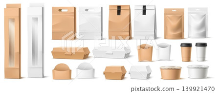 Takeout food packaging. Realistic templates for takeaway fastfood containers made of white and brown paper. Blank bags for burger and potato. Closed craft boxes. Package mockups vector set Takeout food packaging. Realistic templates for takeaway fastfood containers made of white and brown paper. Blank bags for burger and potato. Closed craft boxes. Package mockups vector set 139921470
