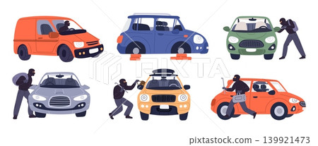 Thief steals car. Bandit breaking window and stealing bag from vehicle. Automobile with stolen wheels. Criminal theft. Burglar in mask. Man with crowbar. Vector robbery concepts set Thief steals car. Bandit breaking window and stealing bag from vehicle. Automobile with stolen wheels. Criminal theft. Burglar in mask. Man with crowbar. Vector robbery concepts set 139921473