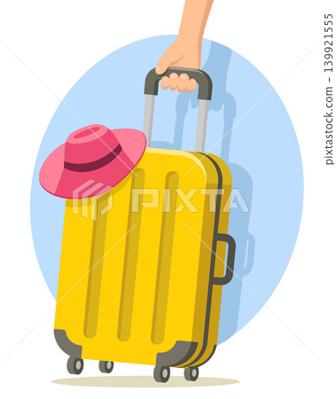 Yellow suitcase with a hat pulled by a woman s hand on a white background. Travel suitcase Yellow suitcase with a hat pulled by a woman s hand on a white background. Travel suitcase 139921555