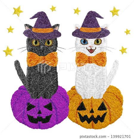 [Ghost pumpkin, black cat, white cat with odd eyes, and stars] Hand-embroidered illustration material 139921701