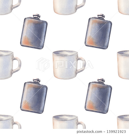 Mug, flask seamless pattern. Hand-painted watercolor illustration isolated on white for lifestyle, travel, branding, advertising, design, posters, websites, printing on packaging, clothing, decor Mug, flask seamless pattern. Hand-painted watercolor illustration isolated on white for lifestyle, travel, branding, advertising, design, posters, websites, printing on packaging, clothing, decor 139921923
