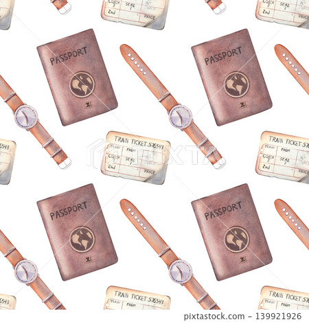 Passport, vintage train ticket, wristwatch seamless pattern. Hand-painted watercolor illustration isolated on white for travel themes, branding, design, websites, printing on textile, packaging Passport, vintage train ticket, wristwatch seamless pattern. Hand-painted watercolor illustration isolated on white for travel themes, branding, design, websites, printing on textile, packaging 139921926