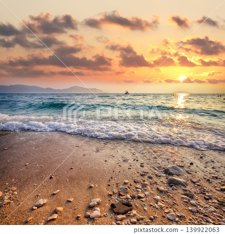 Amazing Sunset overview across the beautiful beach of Gradac in Makarska riviera. 139922063