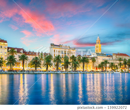 Awesome view of famous Palace of the Emperor Diocletian and shore of Adriatic Sea in Split at night. Awesome view of famous Palace of the Emperor Diocletian and shore of Adriatic Sea in Split at night. 139922072