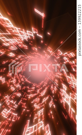 Abstract red digital tunnel filled with glowing geometric data shapes and radiant light, creating a high-tech cyber vortex effect Abstract red digital tunnel filled with glowing geometric data shapes and radiant light, creating a high-tech cyber vortex effect 139922215