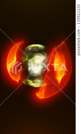 Fiery orange glowing wing shapes around a blurred core, creating a dramatic abstract flame energy composition on dark background 139922220