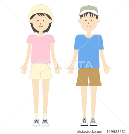 An illustration of a boy and a girl wearing summer clothes: short-sleeved T-shirts, shorts, and hats. 139922381