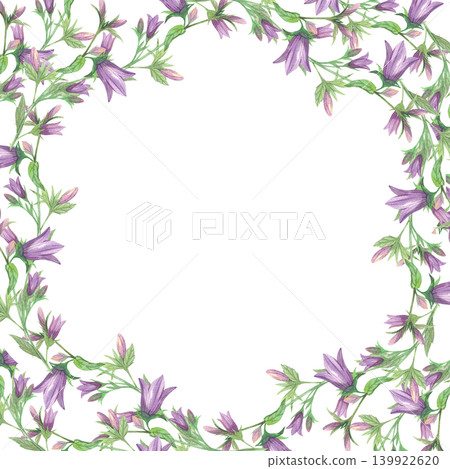 Frame of the blubells branches. Meadow flower watercolor illustration. Handmade art work. For packaging design, cards, cover, prints, product labels and fabric. Frame of the blubells branches. Meadow flower watercolor illustration. Handmade art work. For packaging design, cards, cover, prints, product labels and fabric. 139922620