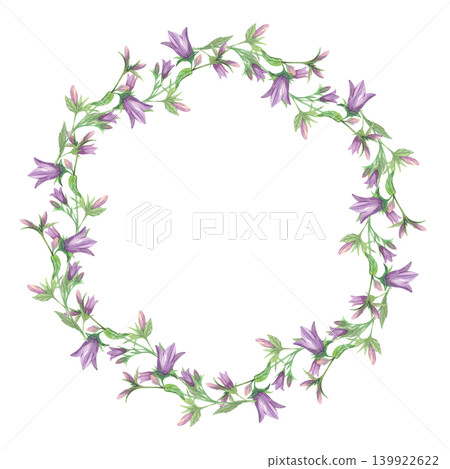 Wreath of the bluebells branches. Meadow flower watercolor illustration. Handmade art work. For packaging design, cards, cover, prints, product labels and fabric. Wreath of the bluebells branches. Meadow flower watercolor illustration. Handmade art work. For packaging design, cards, cover, prints, product labels and fabric. 139922622