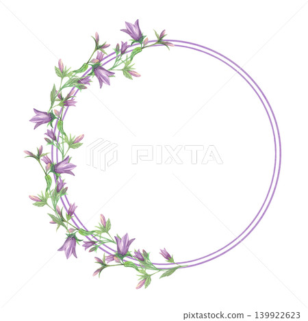 Wreath of the bluebells branches and double violet color ring. Meadow flower watercolor illustration. Handmade art work. For packaging design, cards, cover, prints, product labels and fabric. Wreath of the bluebells branches and double violet color ring. Meadow flower watercolor illustration. Handmade art work. For packaging design, cards, cover, prints, product labels and fabric. 139922623